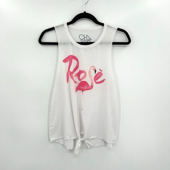CHASER White Pink Flamingo Rose Crop Front Tie Summer Tank Top Size Medium - Picture 1 of 5